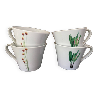 4 tasses porcelaine fine blanche décor fines fleurs