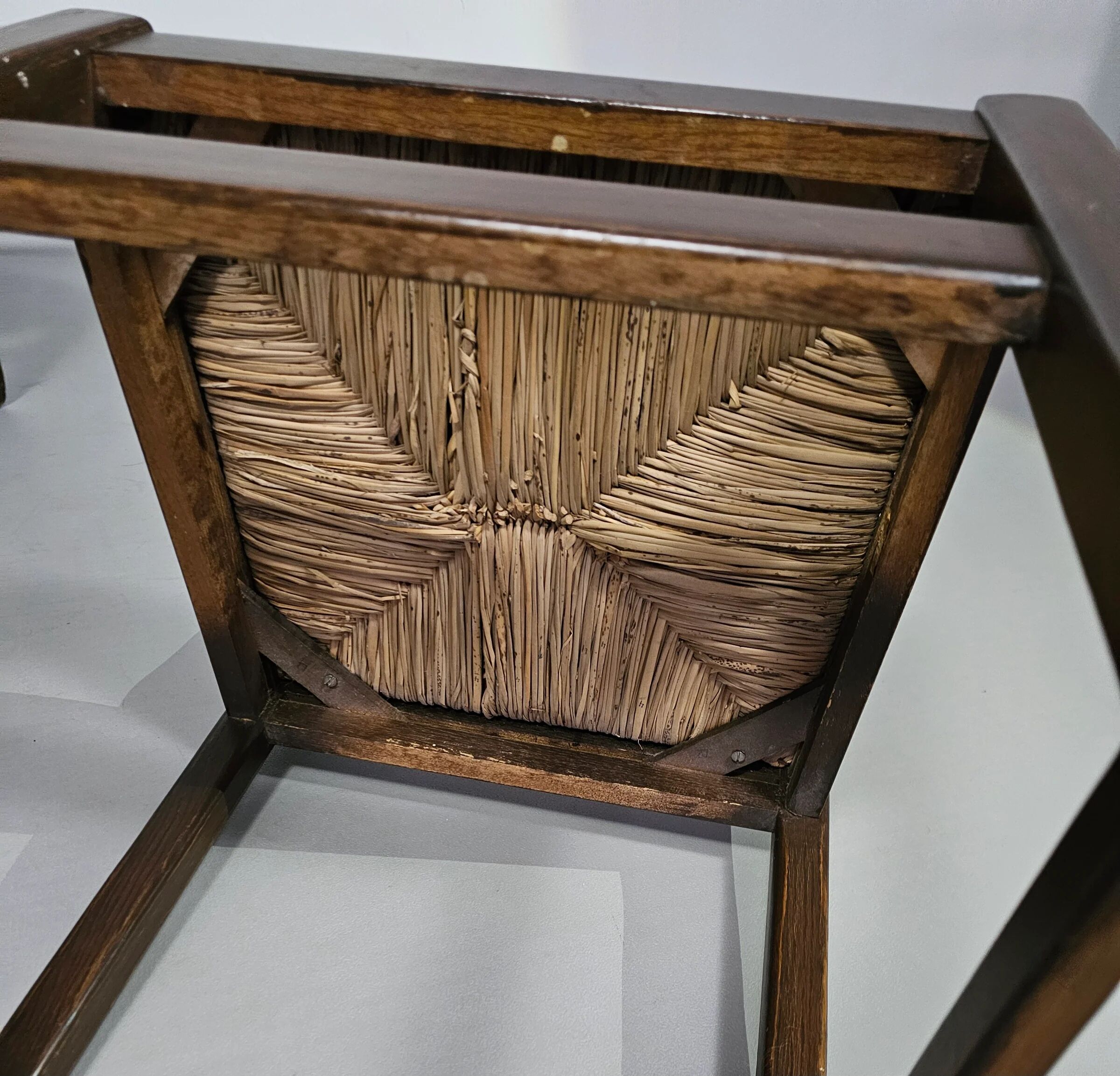 Set of 2 oak, rustic, farmhouse, ladderback dining chairs with rush seats