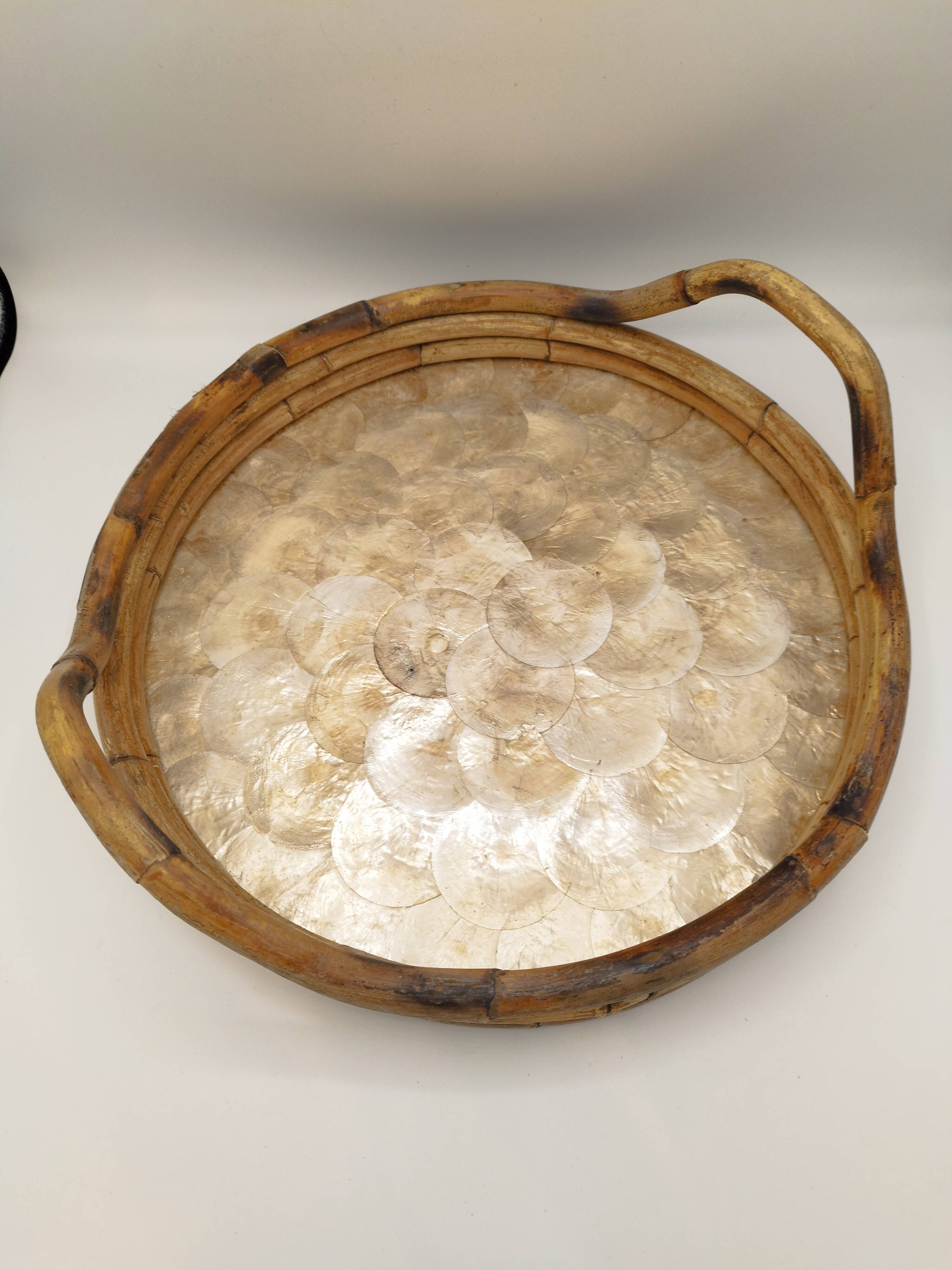 Vintage round bamboo and Capiz shell platter – Italy, 1970s