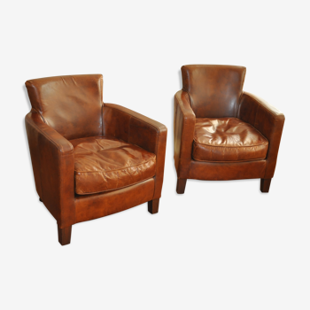 Pair of English club chairs in brown leather