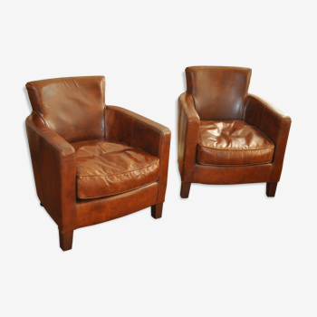 Paire de fauteuils club Anglais cuir marron