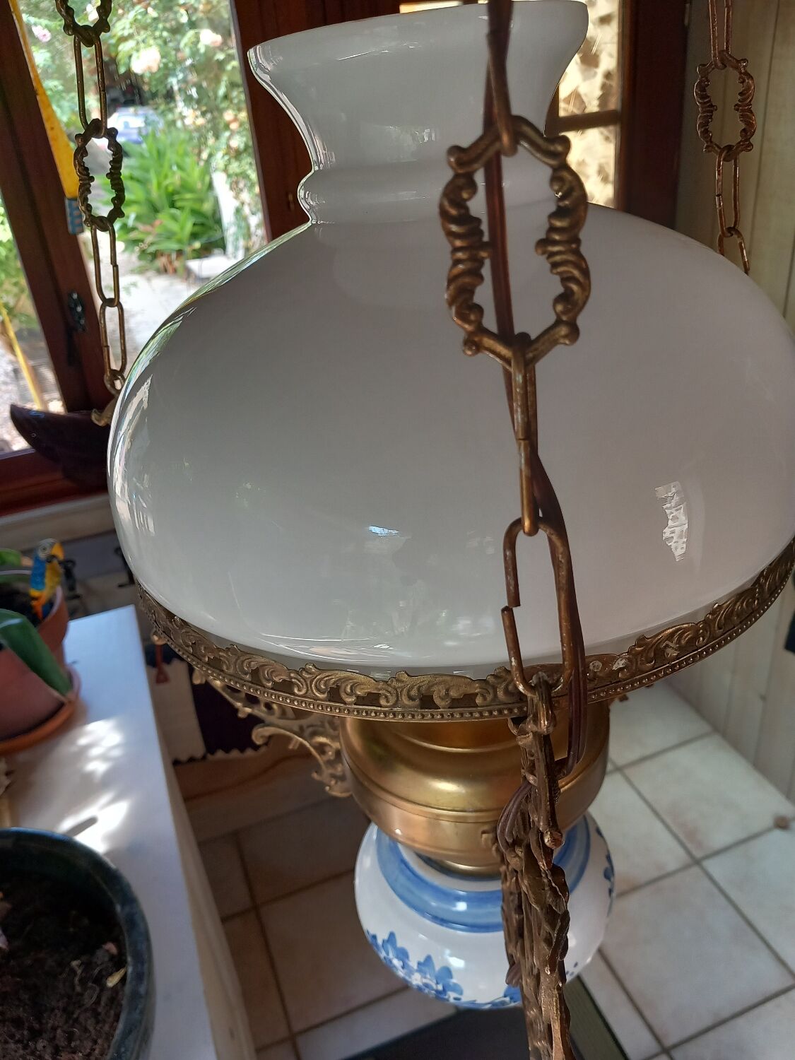 Old white opaline chandelier, brass and earthenware