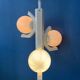 Mid-century white suspension with a bony design and opaline glass shade.