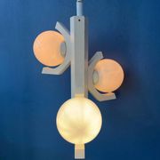 Mid-century white suspension with a bony design and opaline glass shade.