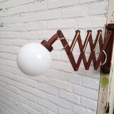 Vintage wooden scissors lamp with glass shade, '70s