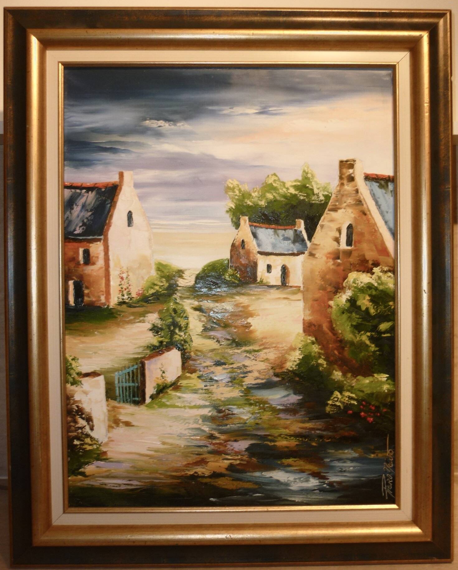 Oil painting on canvas “Hameau” signed Pieronevo