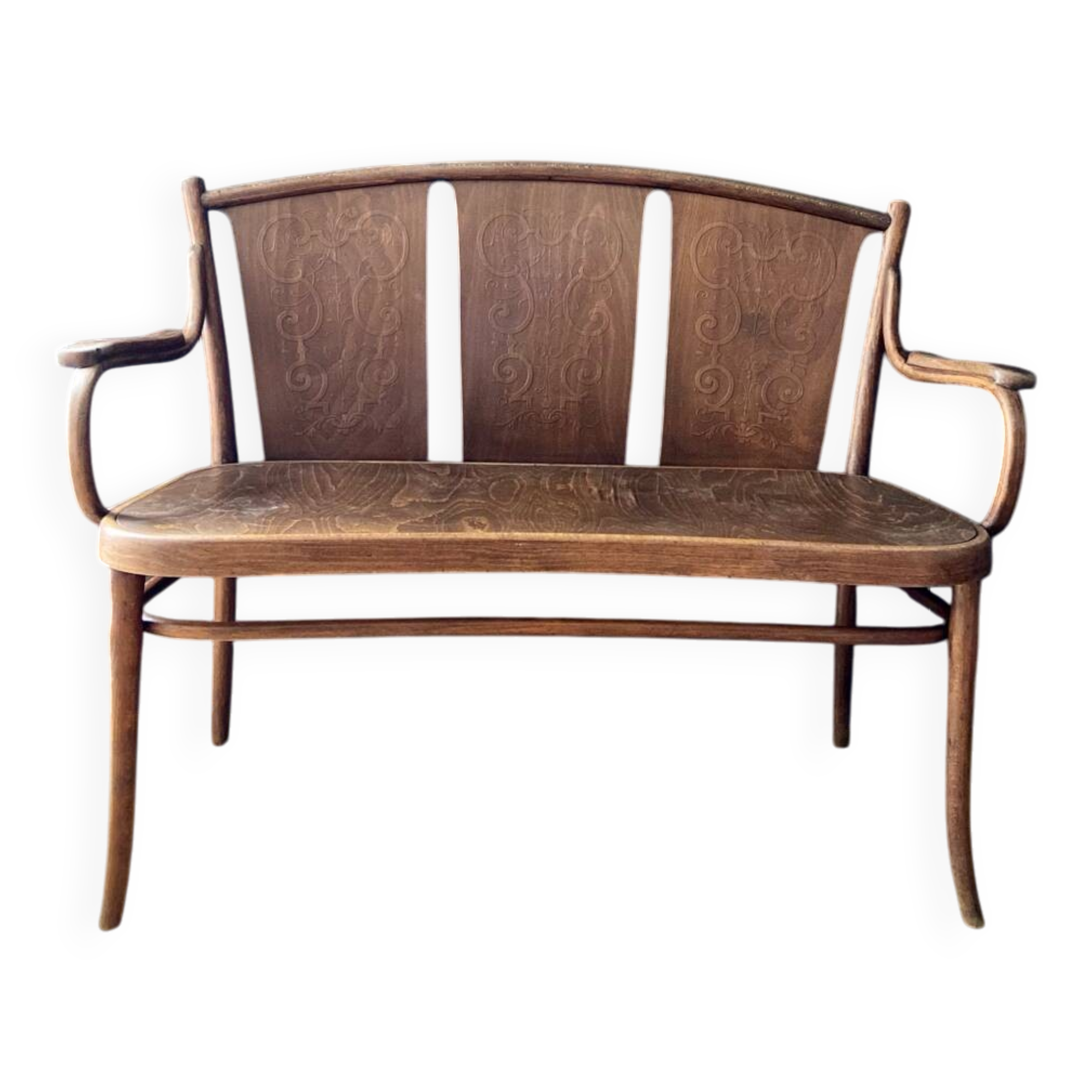 Bistro-style bench in embossed wood stamped Thonet - early 20th century