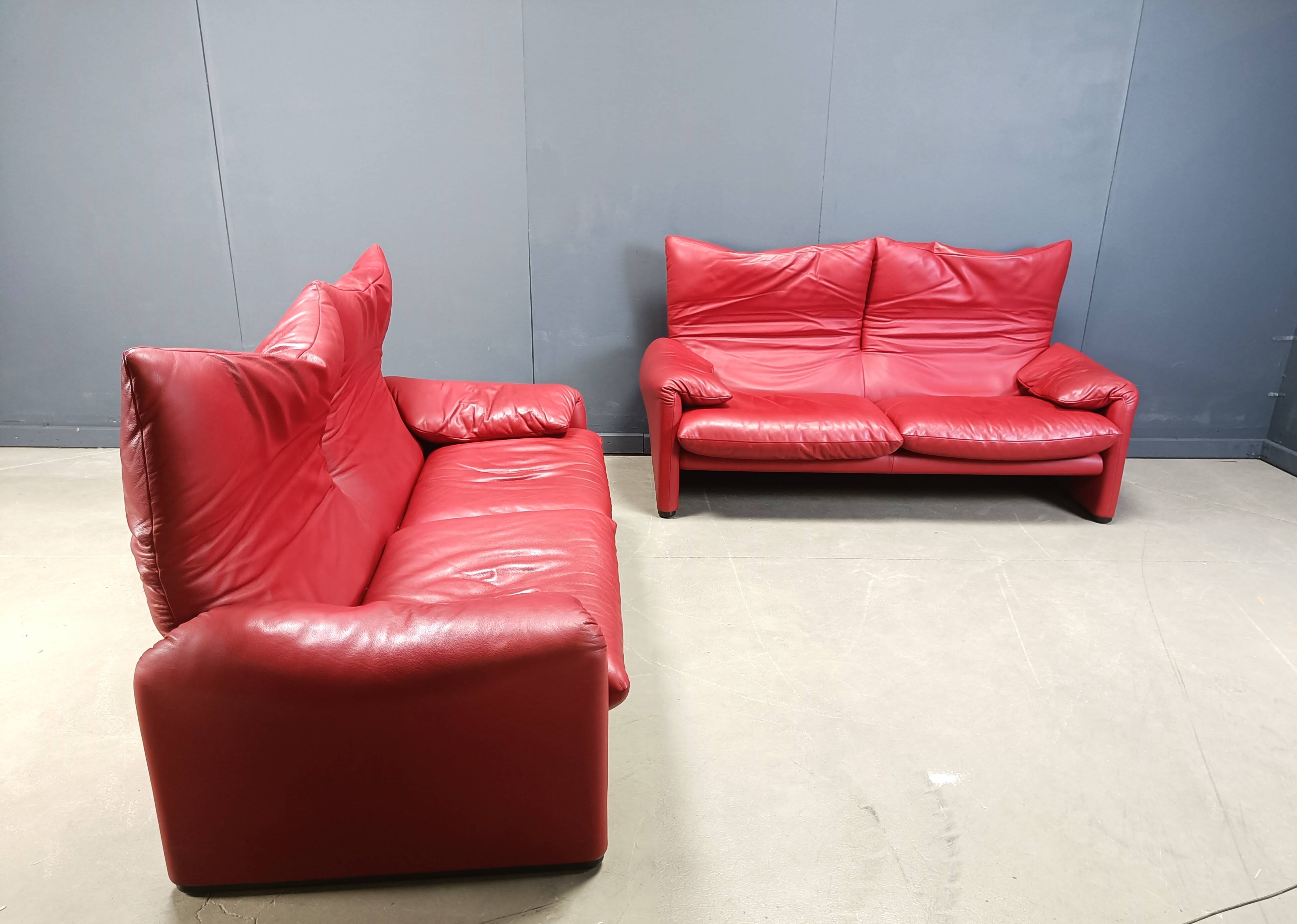 Leather Maralunga sofa set by Vico Magistretti for Cassina, 1980s