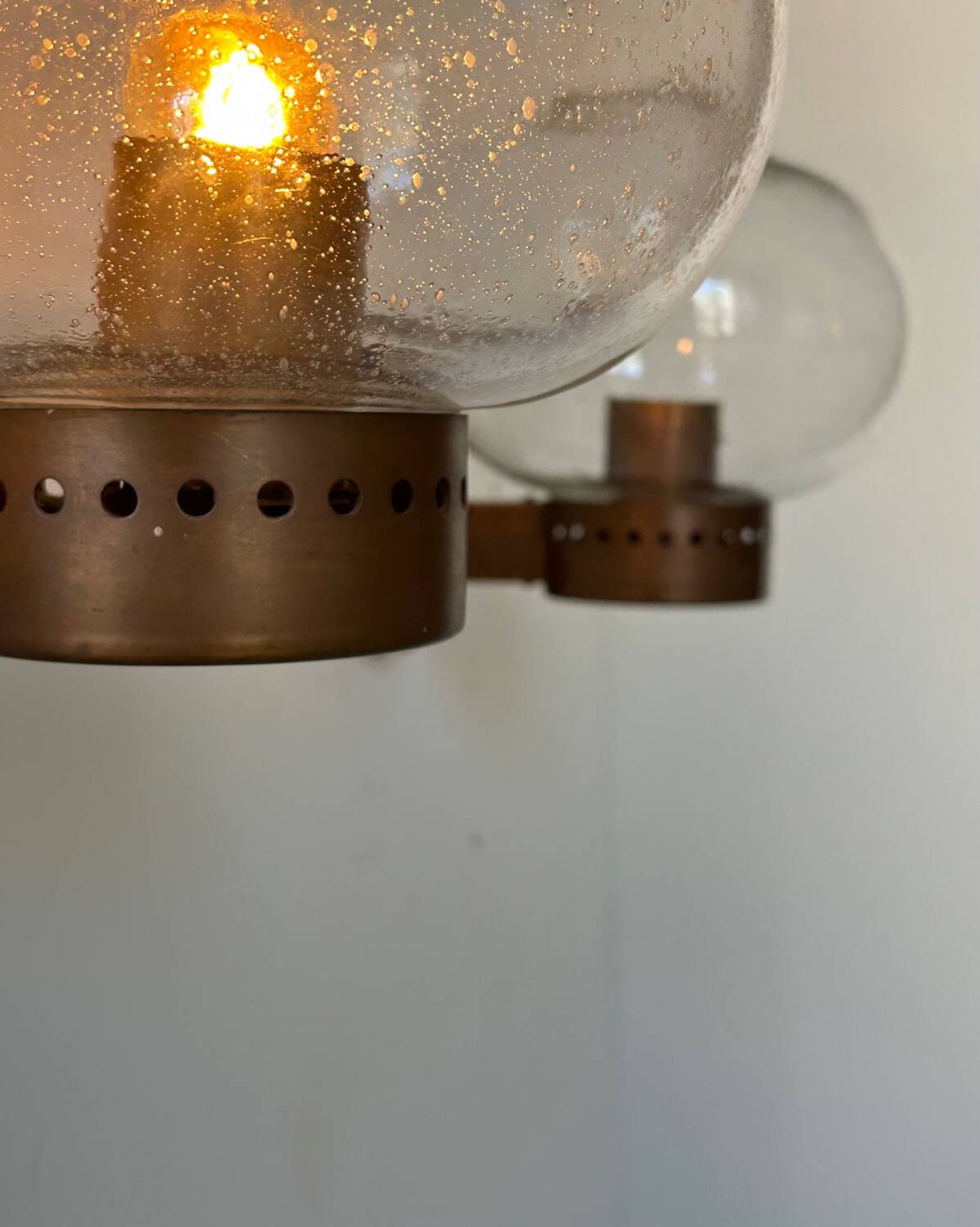 Pair of vintage wall lights, copper and bubbled glass, BEGA Germany 1970