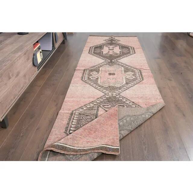1970s Turkish Oushak Handmade Wool Cotton Pink Runner Rug 100x349