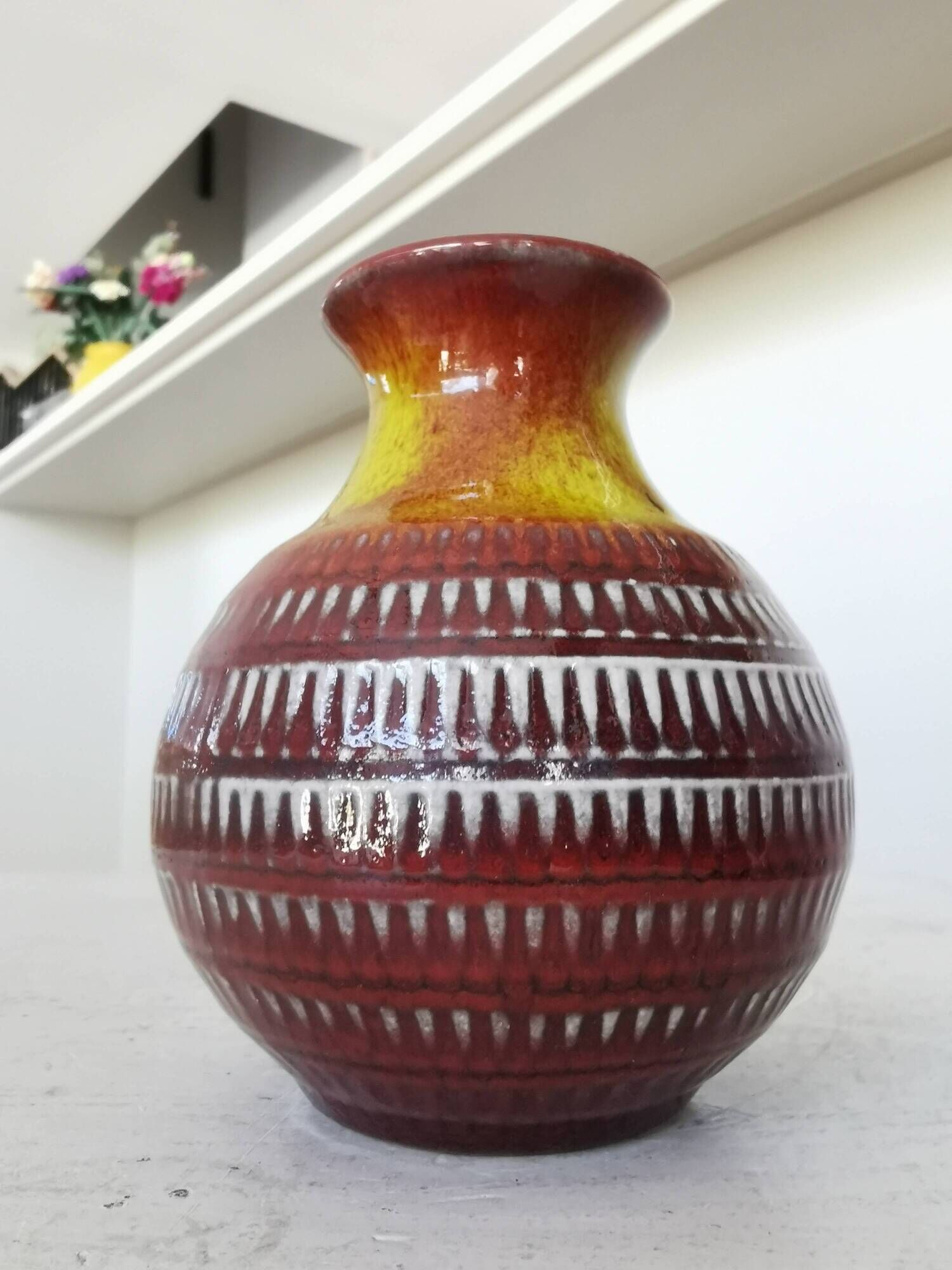 Vintage Scheurich Fat Lava Vase: West German Red & Yellow Pottery