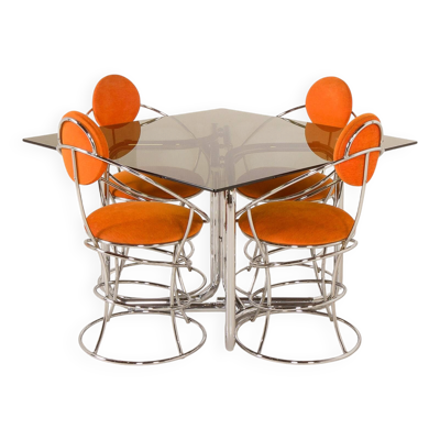 Table à manger space age italienne avec 4 chaises attribuées à Giotto Stoppino, années 1970.