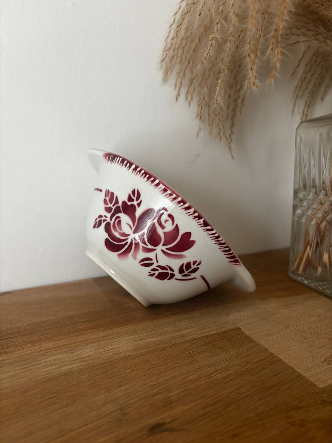 Vintage earthenware bowl with pink floral design from Badonviller.