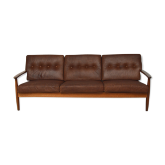 Danish 3 seater teak and leather sofa, 1960