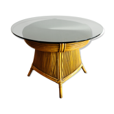 Table en rotin bambou et verre fumée