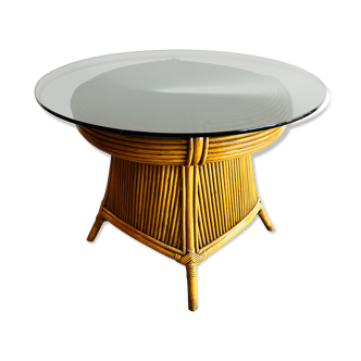 Table en rotin bambou et verre fumée