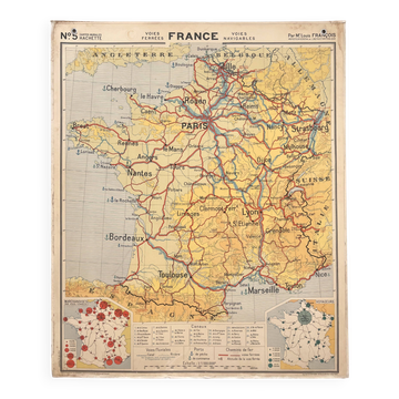 Old school map Hachette 5, 1940 - France railways (trains)
