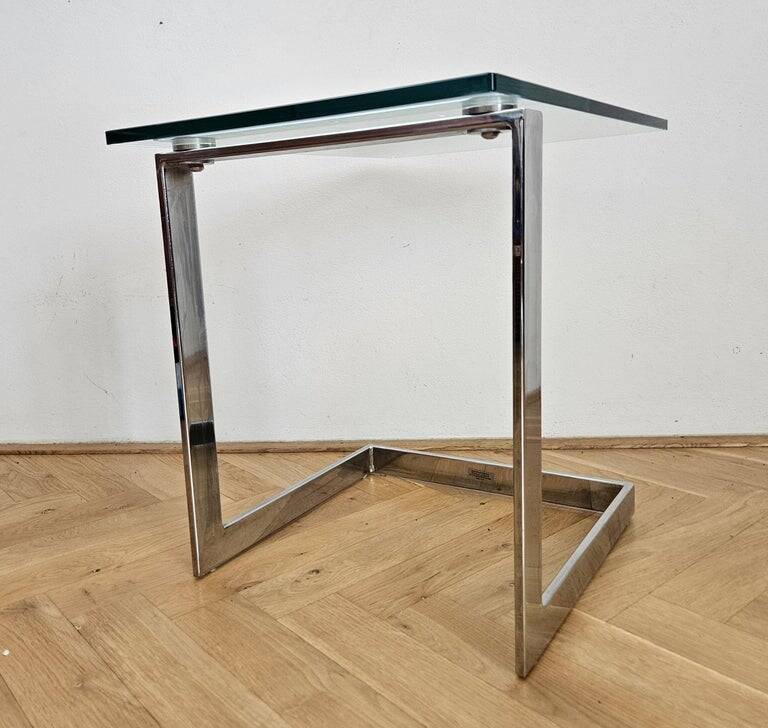 Midcentury Design Cantilevered Glass & Chrome Side Coffee Table, 1980s