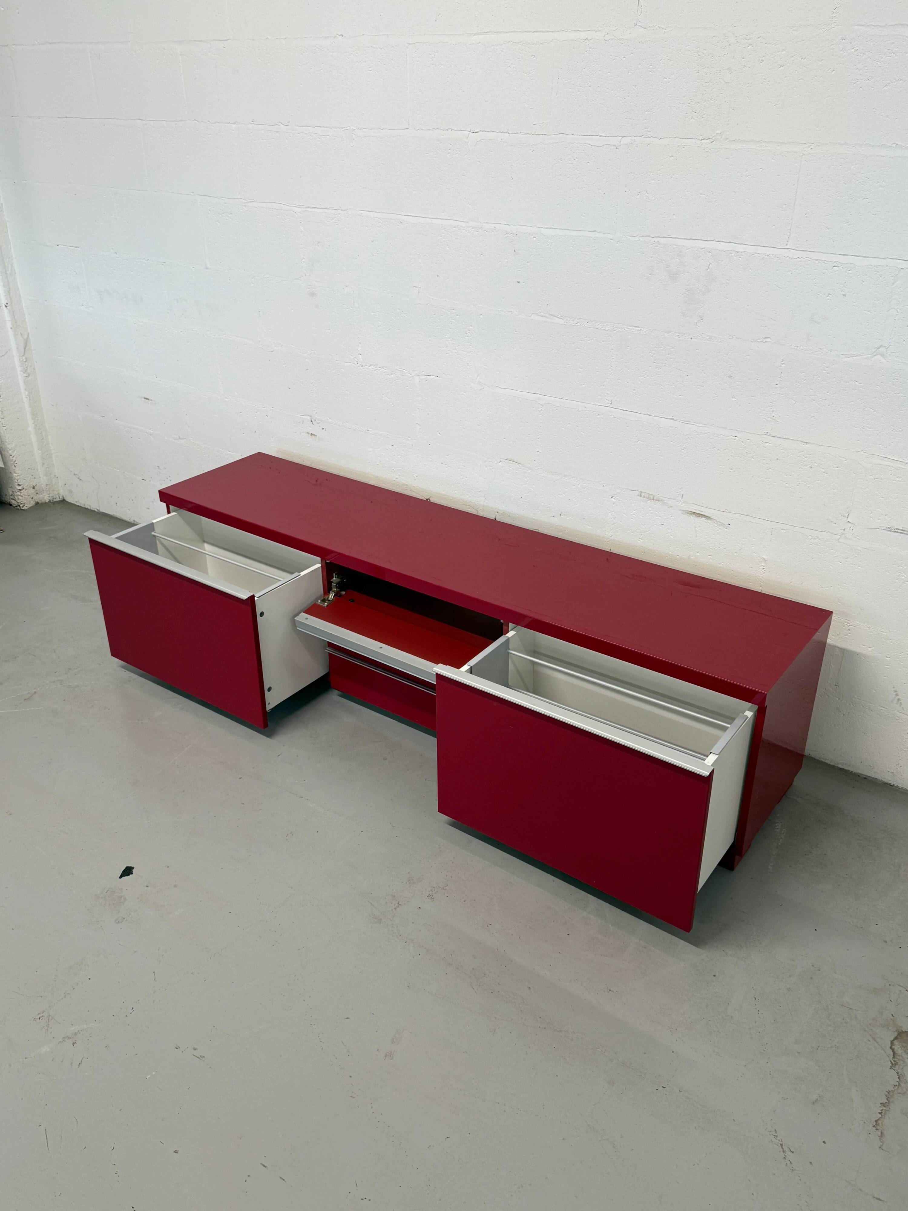 Glossy red semi-vintage lacquered IKEA sideboard with drawers