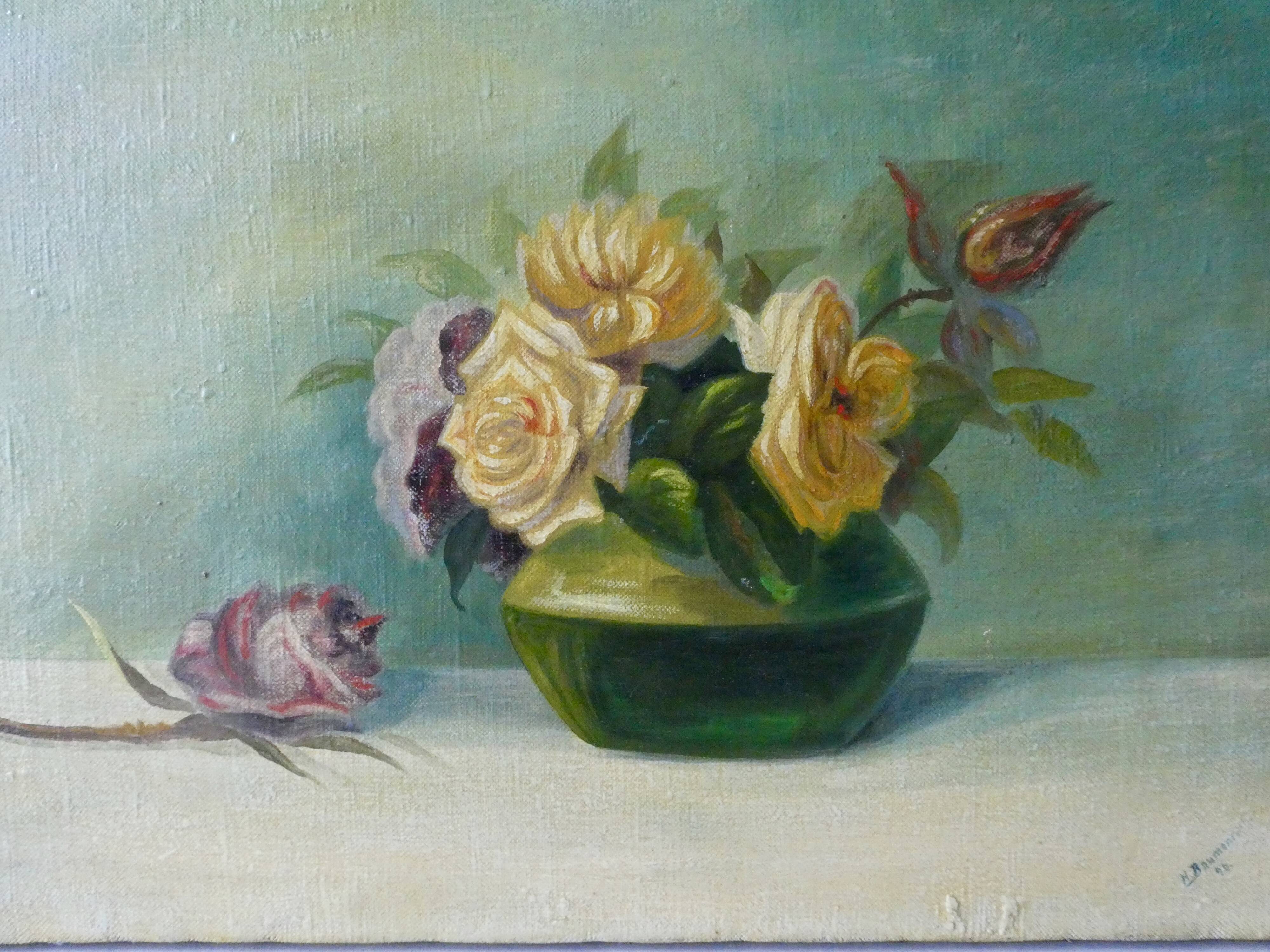 Painting, oil on canvas, bouquet of flowers, roses, 20s