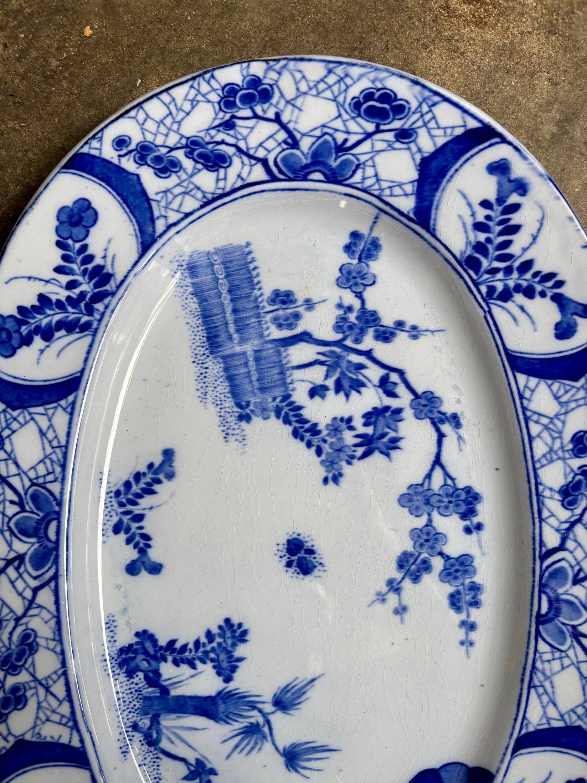 Large oval dish Creil & Montereau in blue ironstone, "Japan" service