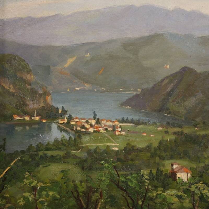 Triptyque de peintures vue du lac de Lugano, 20e siècle