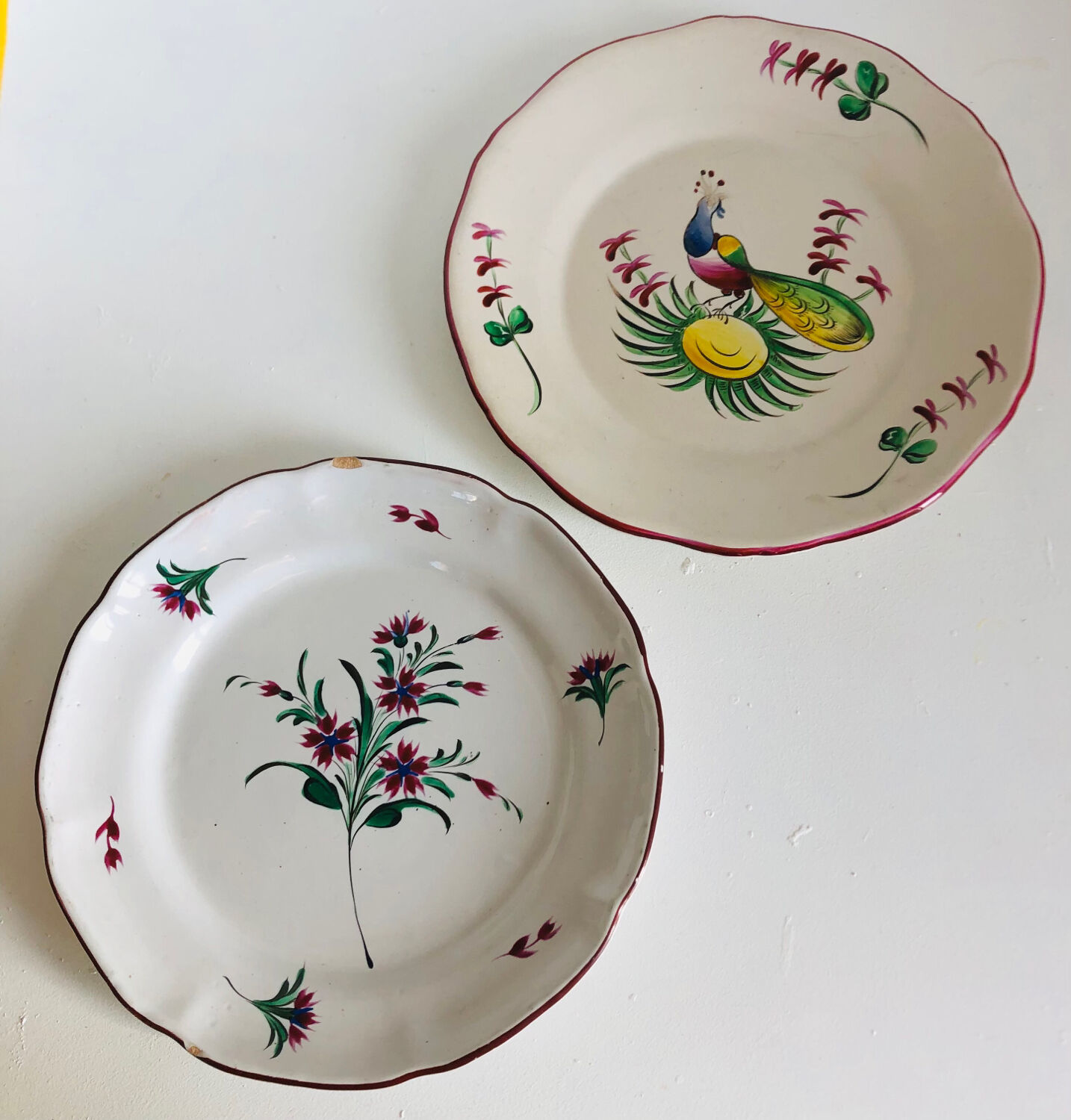 Pair of plates Les Islettes with bouquet and peacock