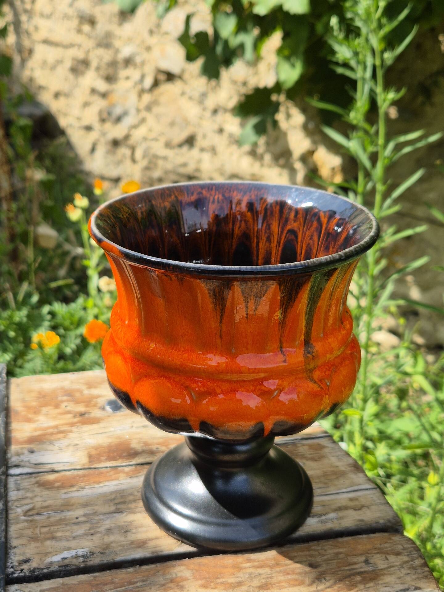 Striking 1970s Chalice Vase - orange & black Fat Lava style