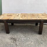 Vintage ceramic coffee table with herbarium decorations by Roger Capron, solid beech base.