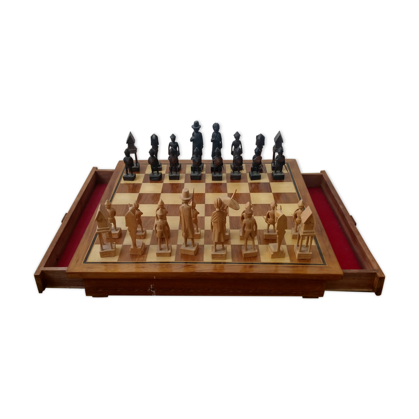 Carved wooden chess game