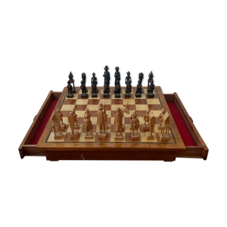 Carved wooden chess game