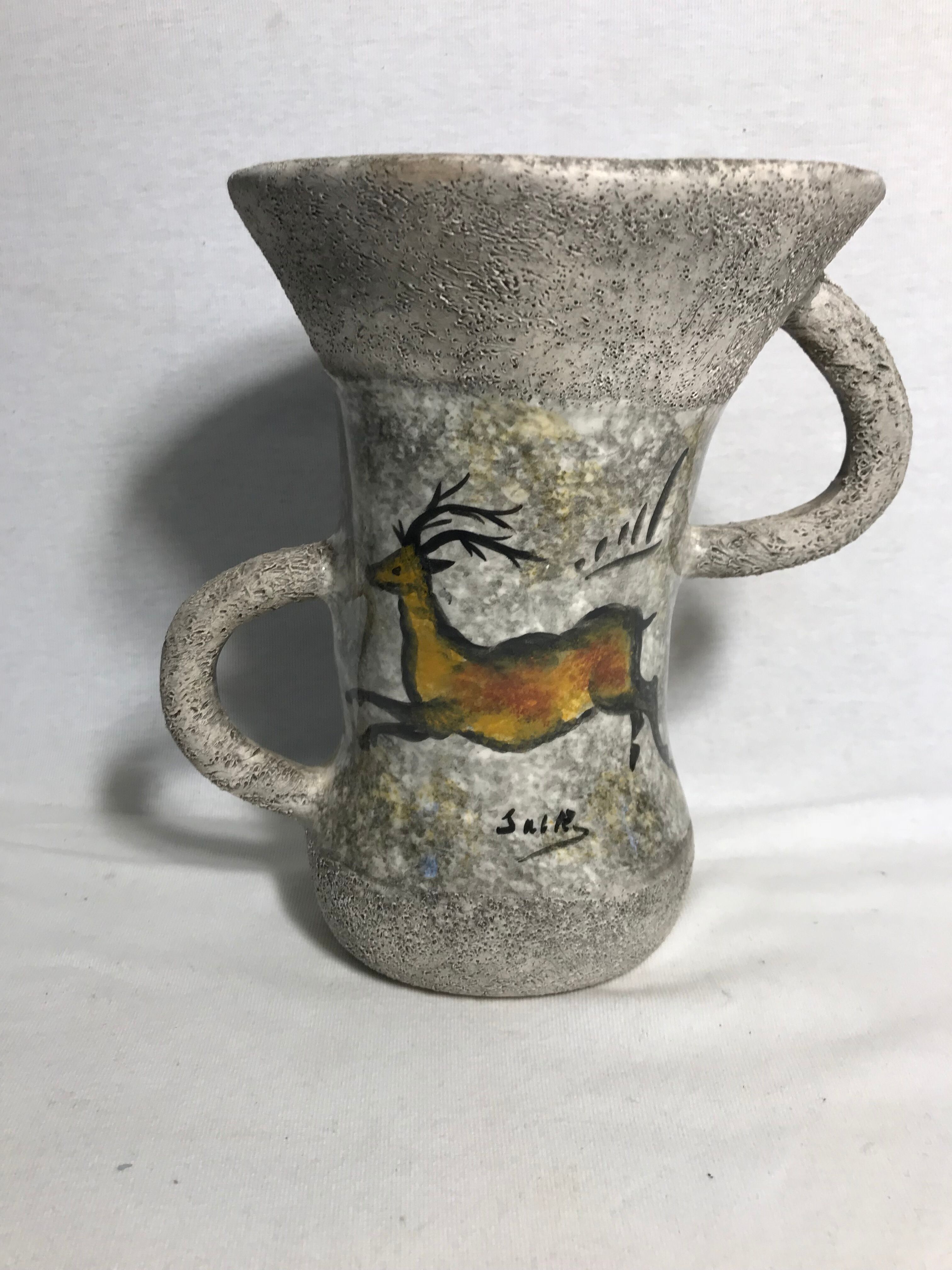 Old grey enamelled ceramic  2 handles vintage deer vase