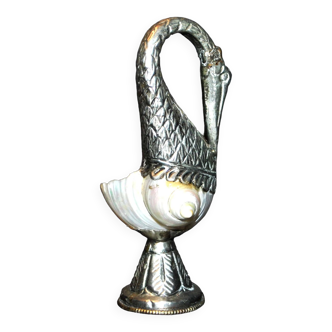 Hanap stork - ancient shell chalice mounted in marabout bird silverware 19th century.