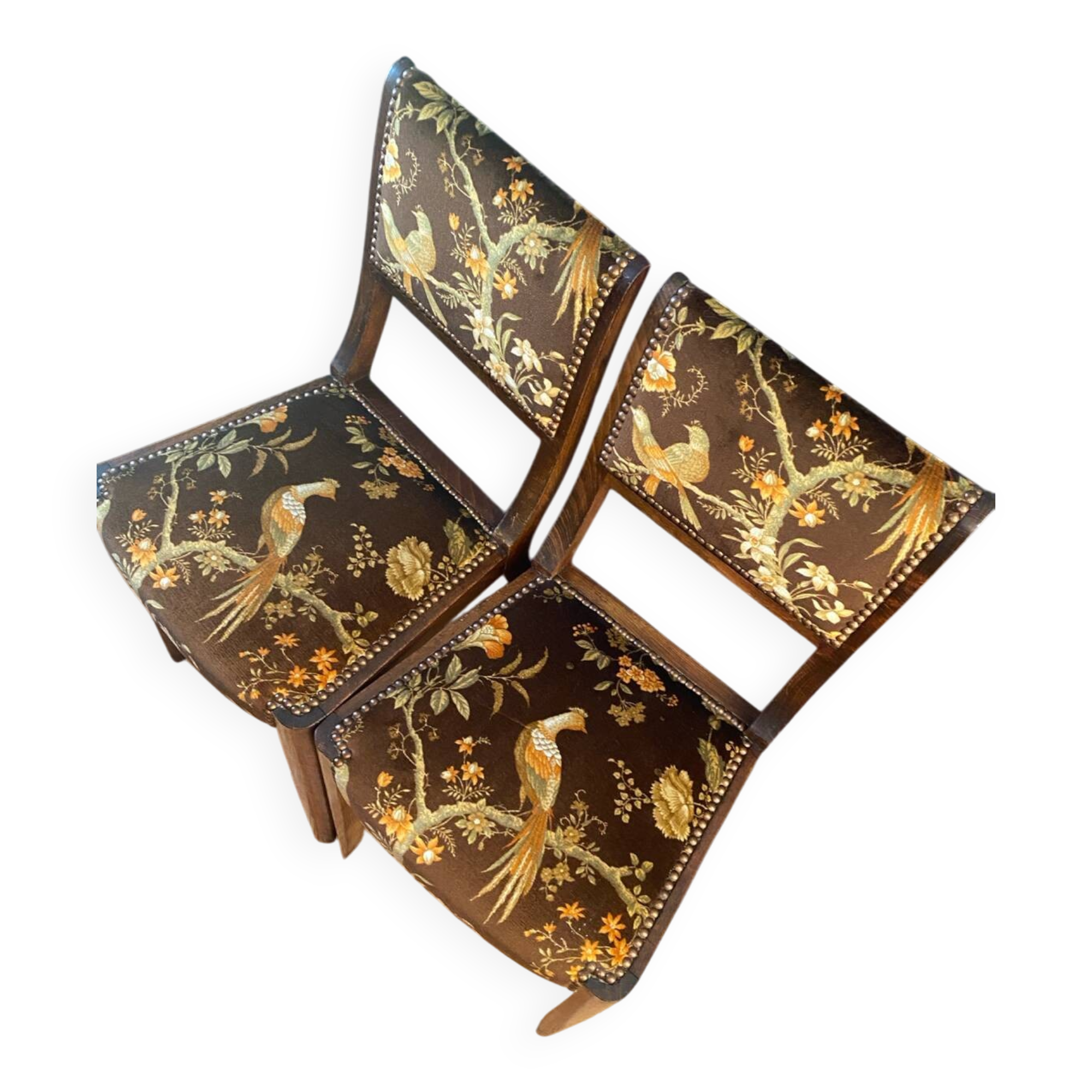 Set de 2 chaises vintage en velours oiseaux 1960-1970, état comme neuf.