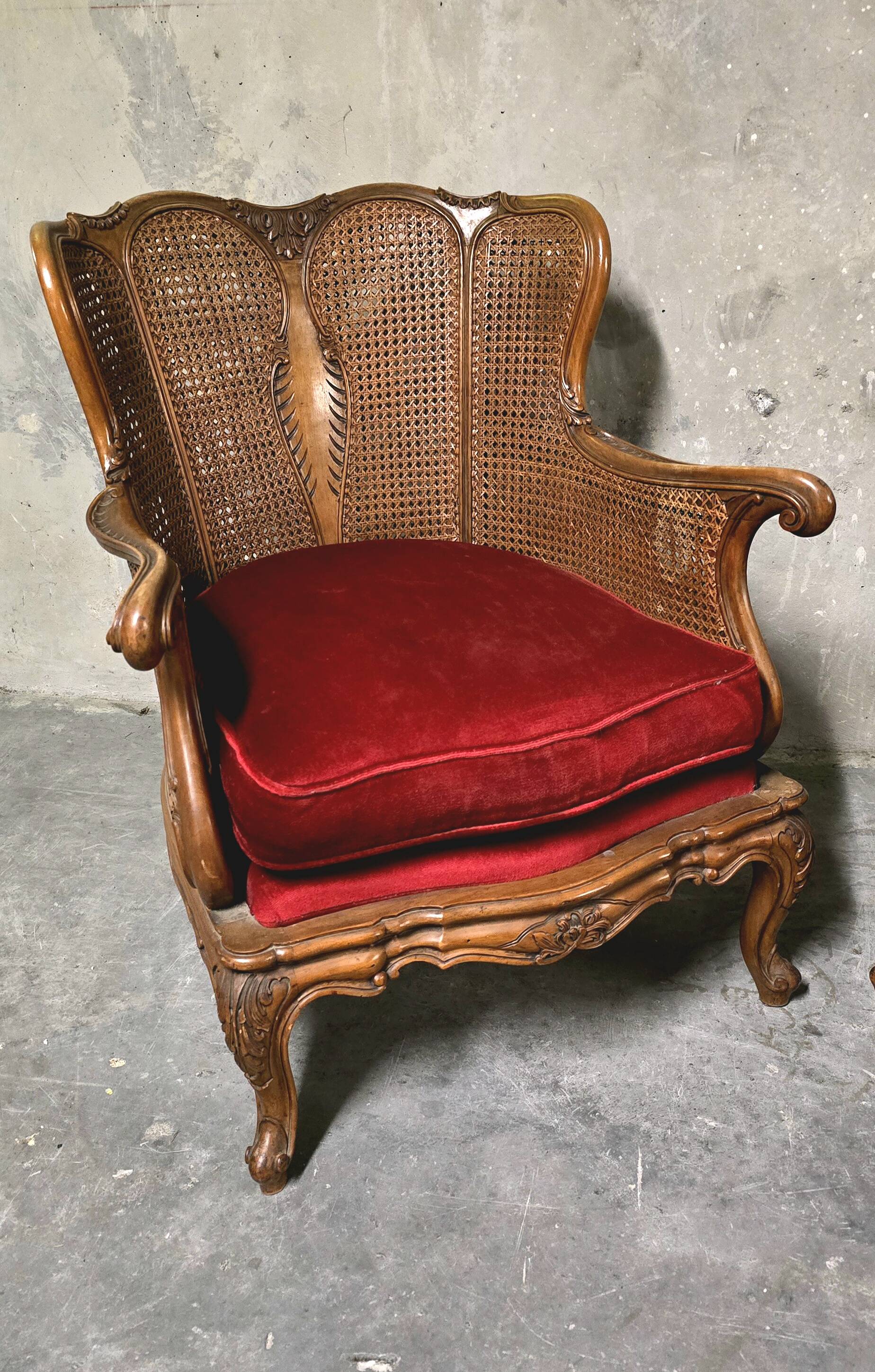 Pair of wooden and rattan armchairs, Louis XV style