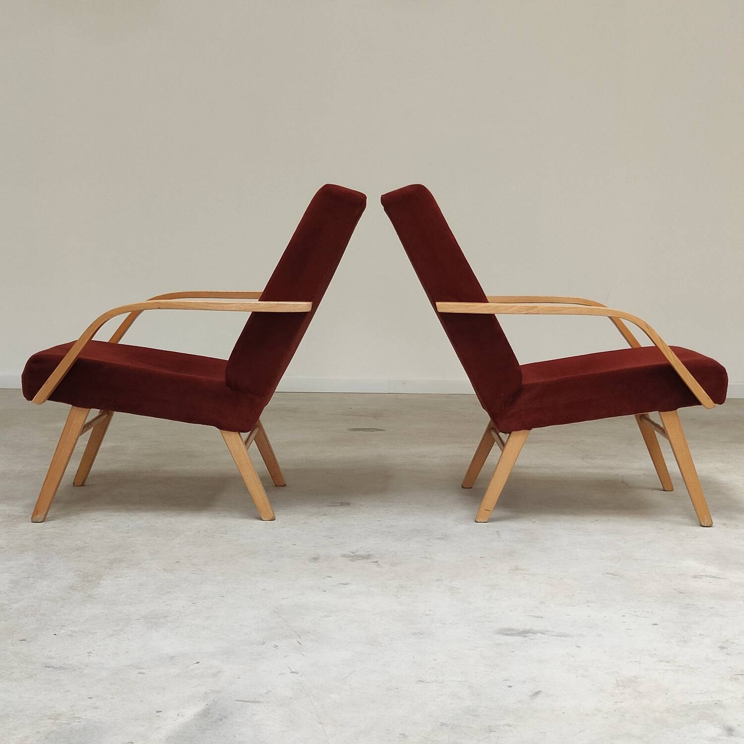 Pair of Czech burgundy brown velvet armchairs 1970