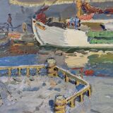 Mid-century modern "the dock" swedish seascape oil painting, framed