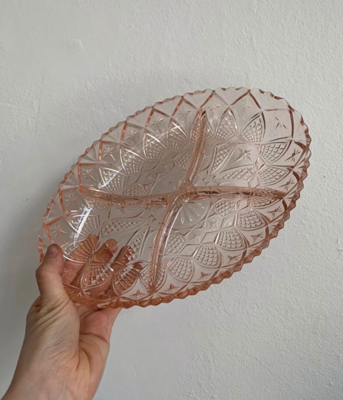 Vintage aperitif dish in chiseled pink glass