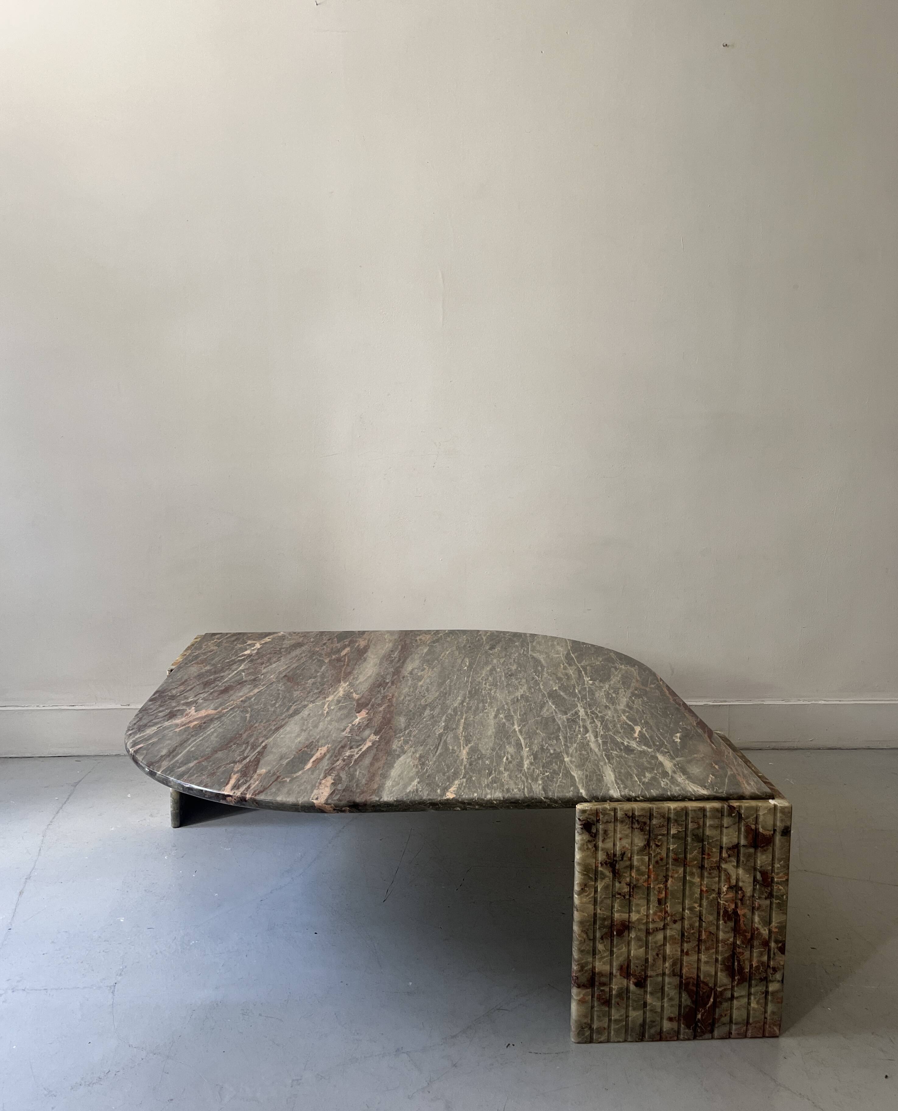 water green, beige and pink/burgundy marble drop coffee table, Roche Bobois 1970