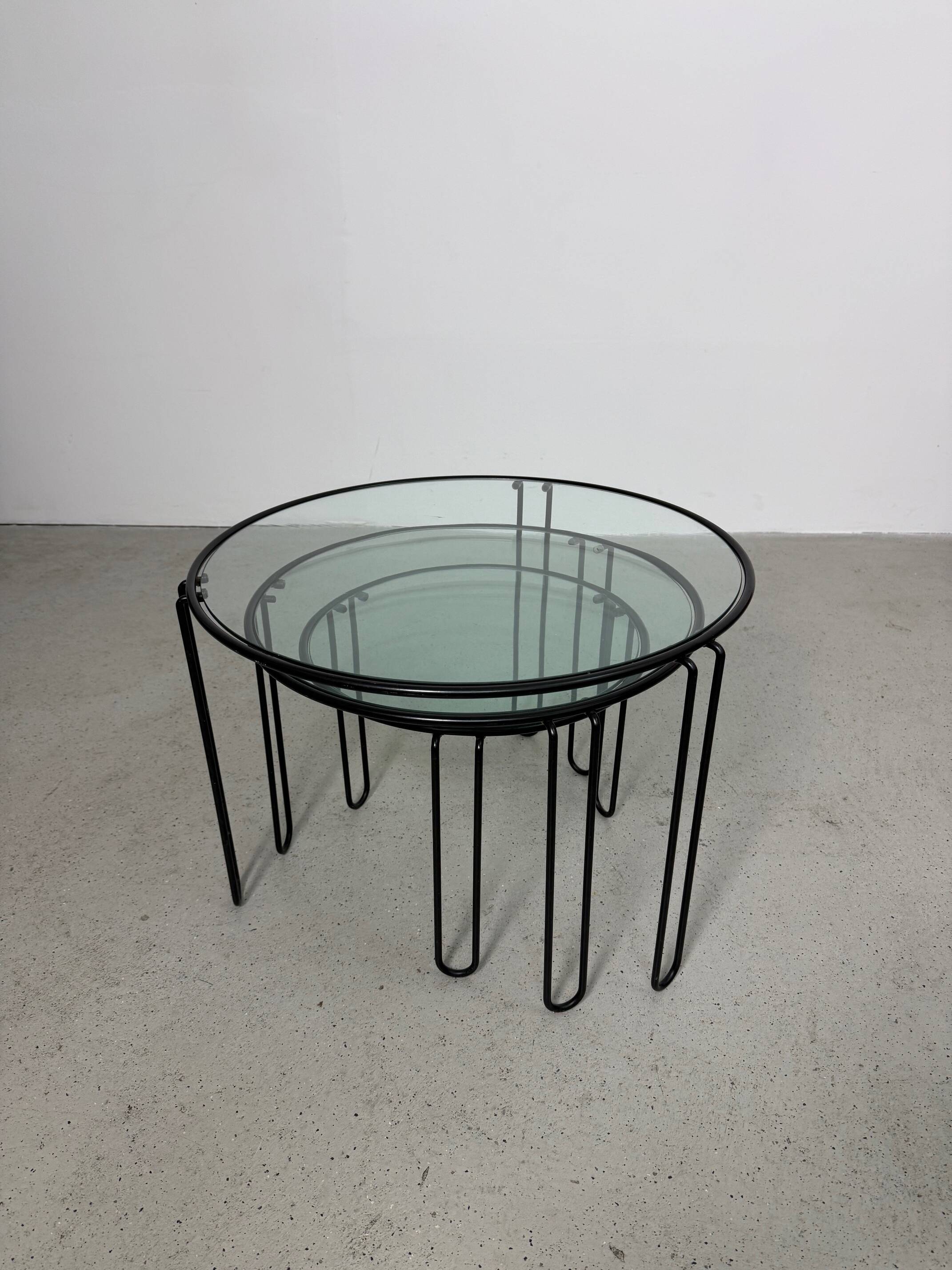 Set of 3 Minimalist Wire and Glass Nesting Tables, 1970s - 1980s