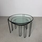 Set of 3 Minimalist Wire and Glass Nesting Tables, 1970s - 1980s