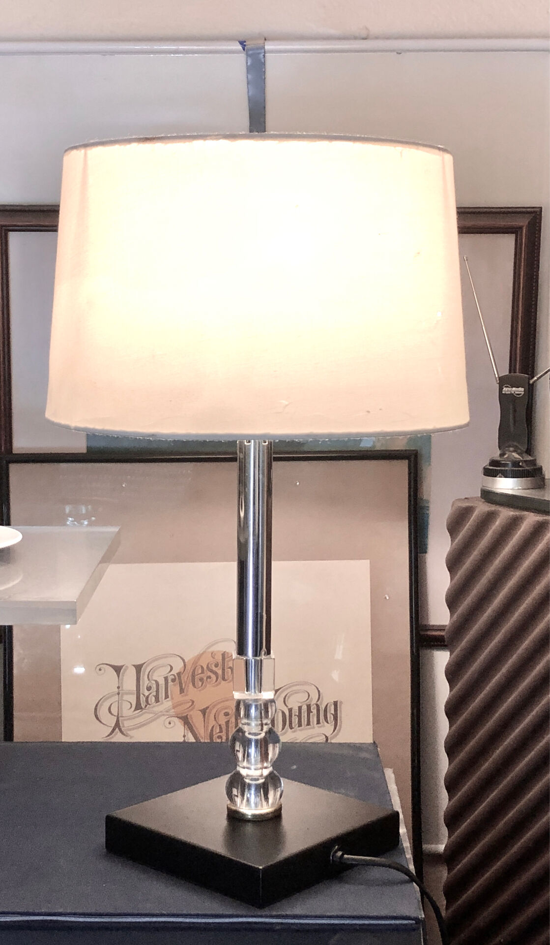 Silver-plated metal lamp base with crystal.
