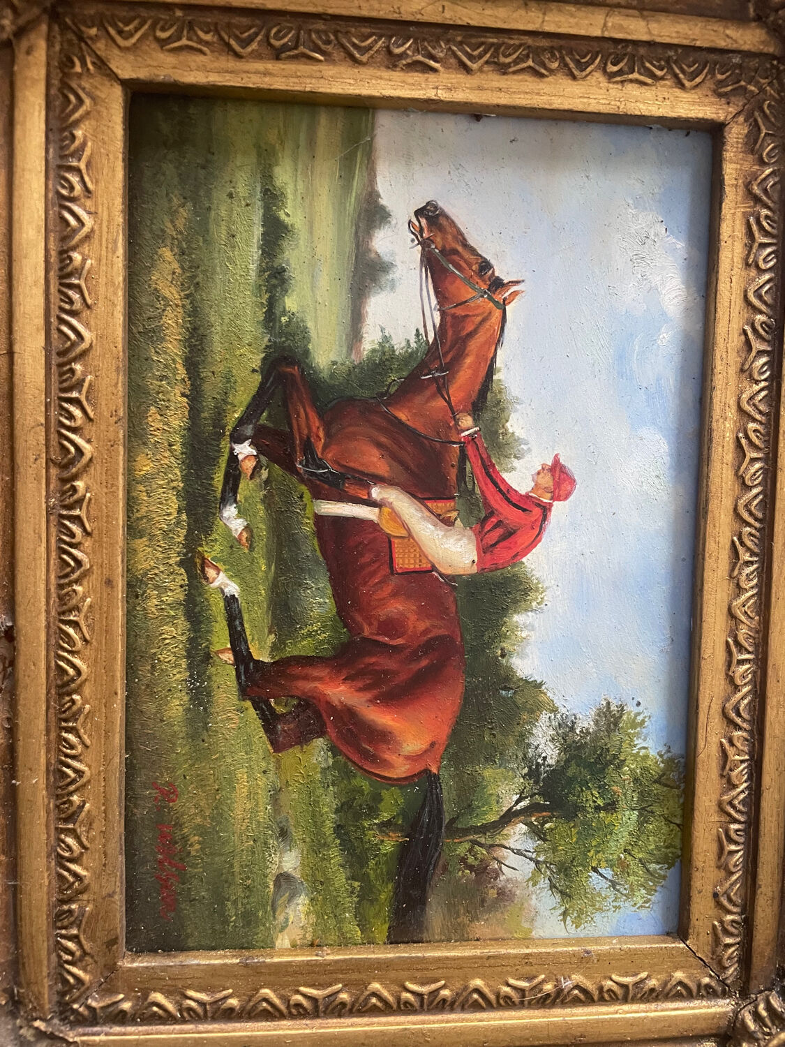 Old table from the 19th century - Horse racing - Oil on panel - Signed R. W.