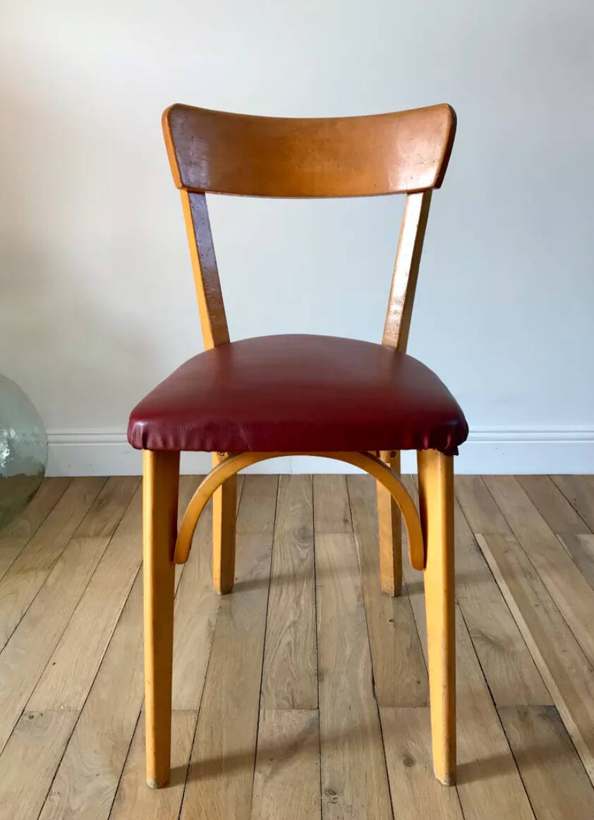Set of 6 Luterma bistro chairs in blond wood and skaï 50s