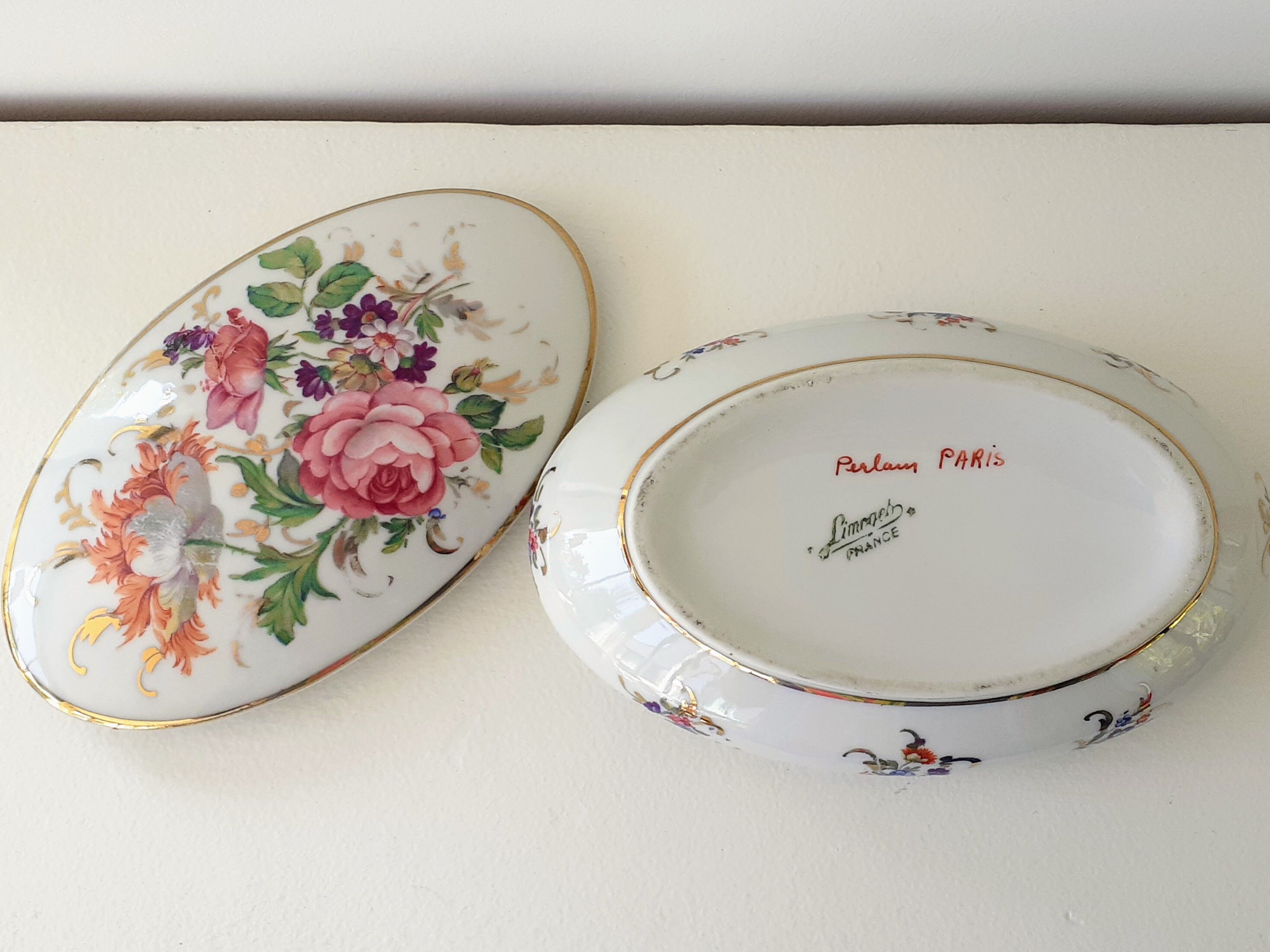 Limoges porcelain candy box decorated with roses