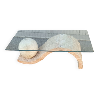 Table basse vintage travertin et verre