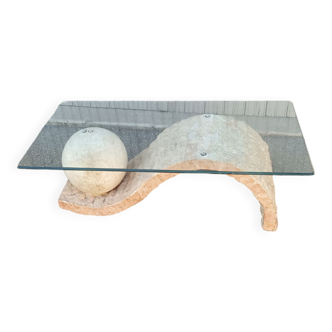 Vintage travertine coffee table and glass