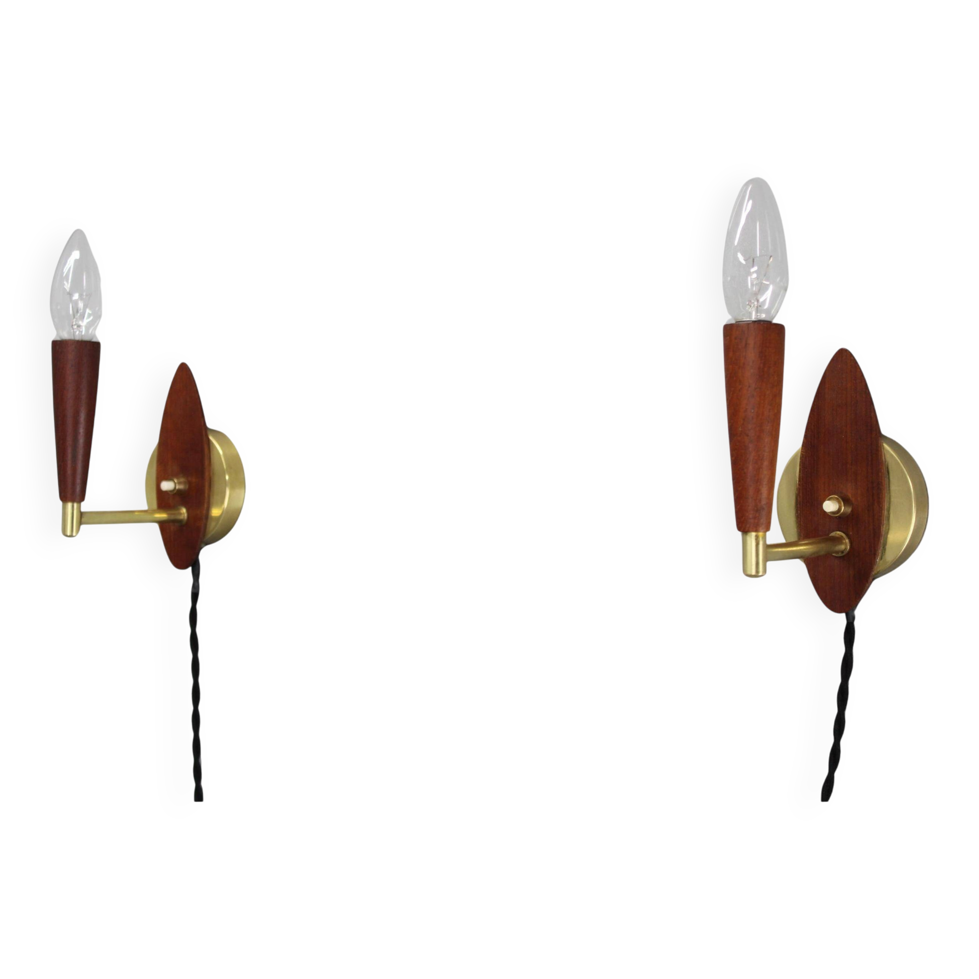 Mid-century Danish teak and brass wall lights, pair, 1960s
