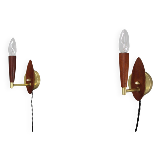 Mid-century Danish teak and brass wall lights, pair, 1960s
