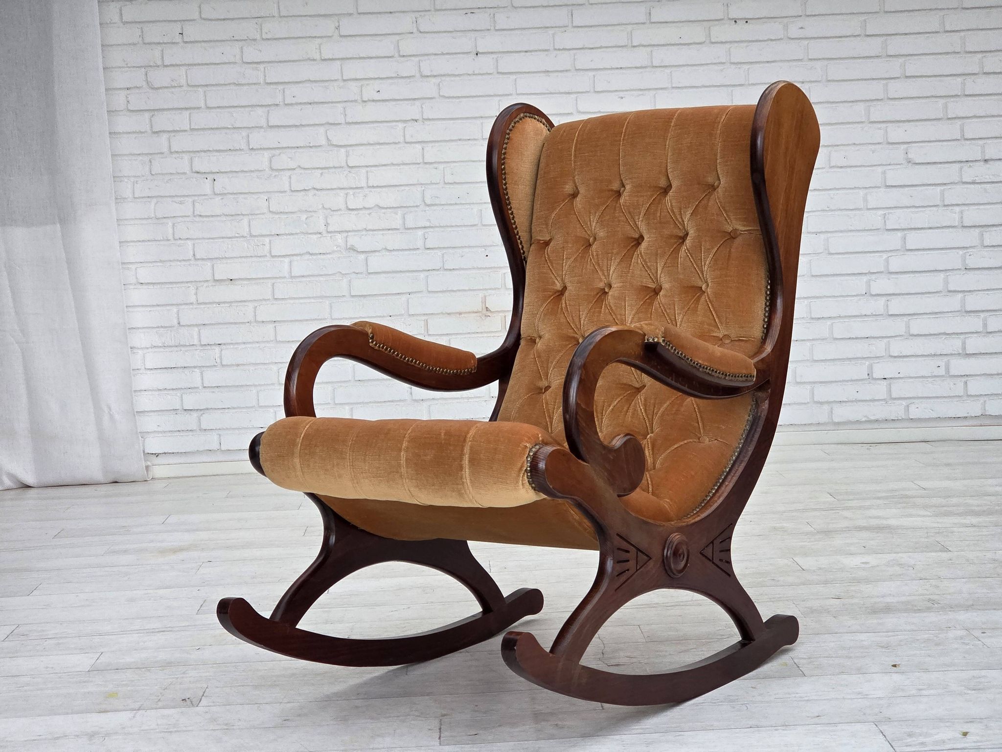 1960s, Scandinavian rocking chair, furniture velour, dark beech wood.